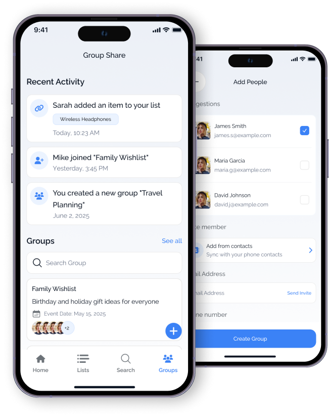 mobile app group collaboration screen with member avatars, shared lists, and real-time updates ui